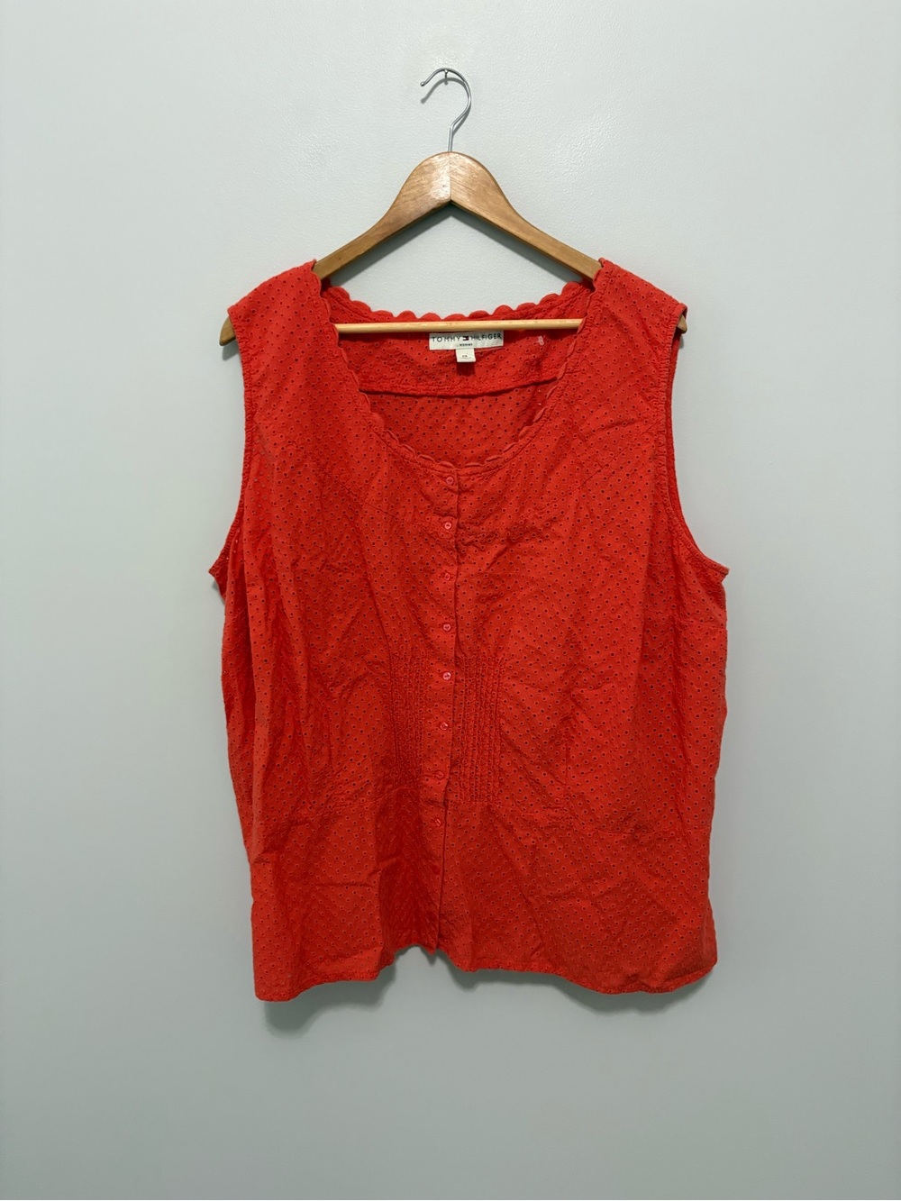 Tommy Hilfiger Orange Cotton Eyelet Button Front Scalloped Neckline Tank